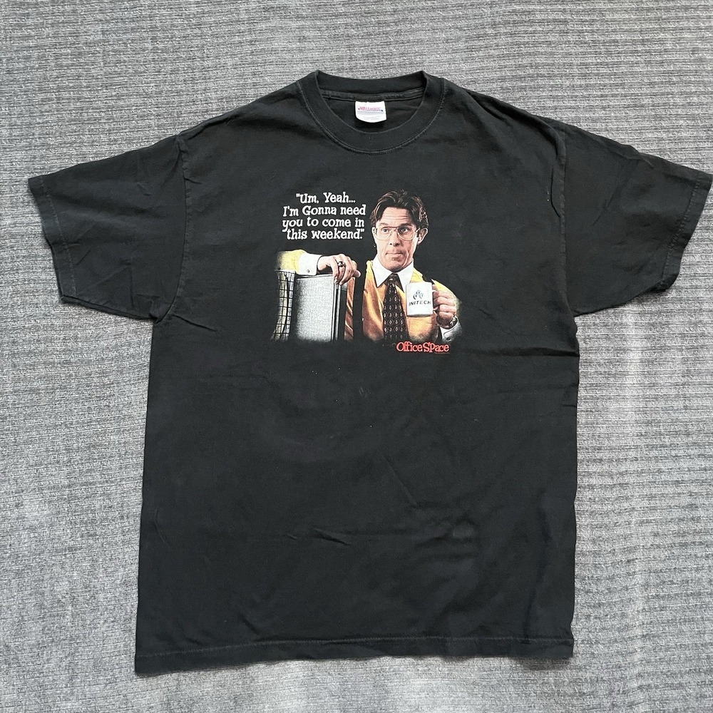 VTG Office Space Movie Men's T Shirt Sz L Black Bill Lumbergh Mike Judge Y2K